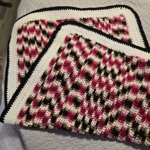 Pink and Black Crochet Blanket Crib/carseat Size Verigated Colors And Textures